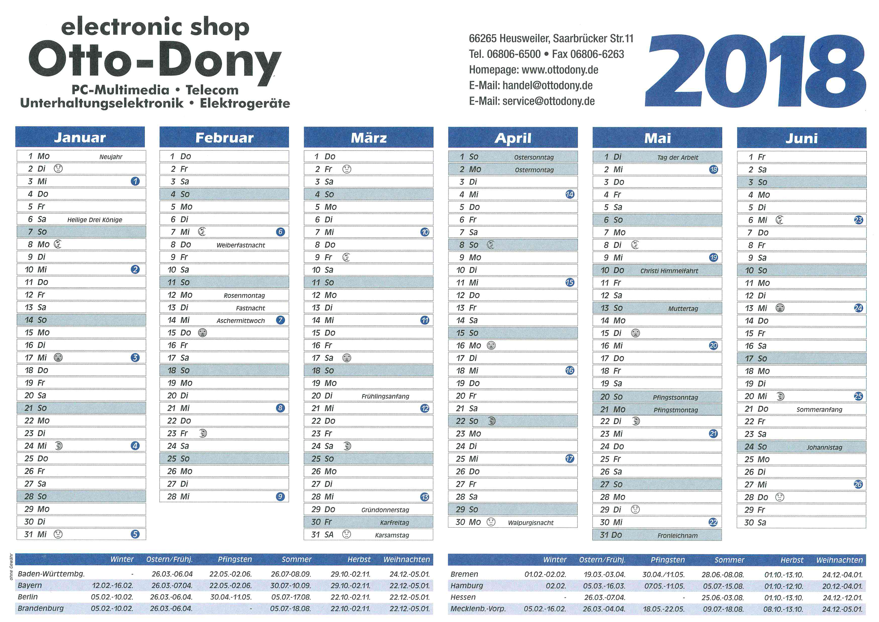 Kalender Januar bis Juni